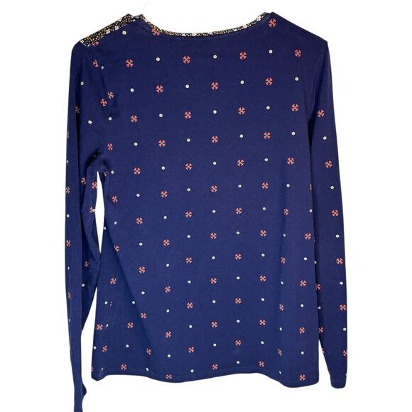 Talbots Paisley Jewel Print Long Sleeve Tee Navy Boho Embellished Top Size M - Picture 4 of 8